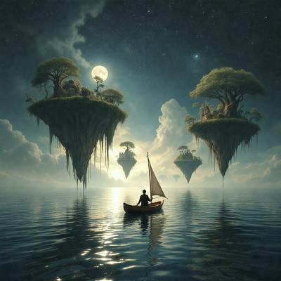 The primary subject of the image is a man in a boat, surrounded by a serene and surreal environment. The setting includes a body of water with a few trees in the background, creating a peaceful atmosphere. The visual style of the image is digital art, with a focus on the man in the boat and the surrounding landscape. The colors and mood of the image are predominantly blue and calm, with a hint of surrealism due to the presence of the floating island.